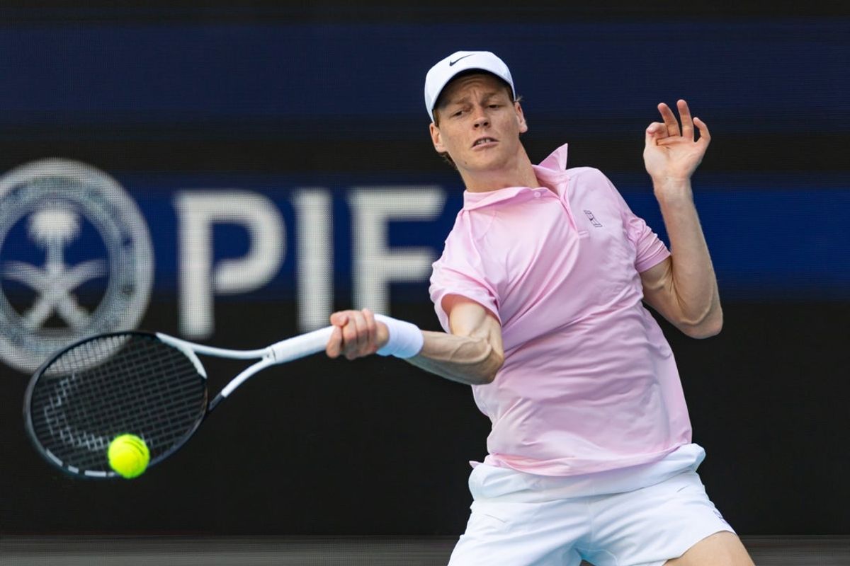 Mar 26, 2026; Miami Gardens, FL, USA; Jannik Sinner of Italy returns a point during a match against Frances Tiafoe of the United States in the quarter finals of the men’s singles at the Miami Open at Hard Rock Stadium. Mandatory Credit: Mike Frey-Imagn Images