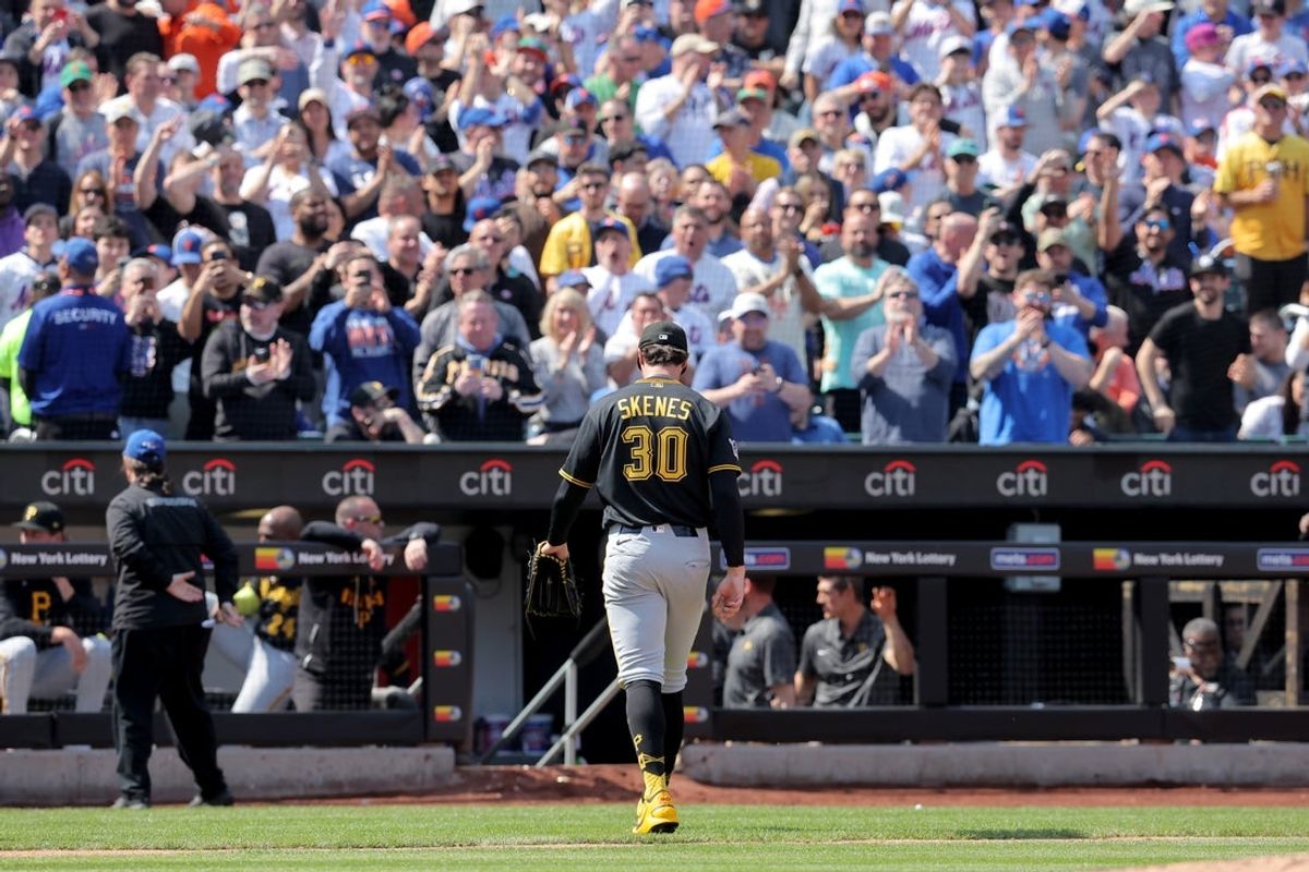 Mar 26, 2026; New York City, New York, USA; Pittsburgh Pirates starting pitcher Paul Skenes (30) walks off the field after being taken out of the game against the New York Mets during the first inning at Citi Field. Mandatory Credit: Brad Penner-Imagn Images