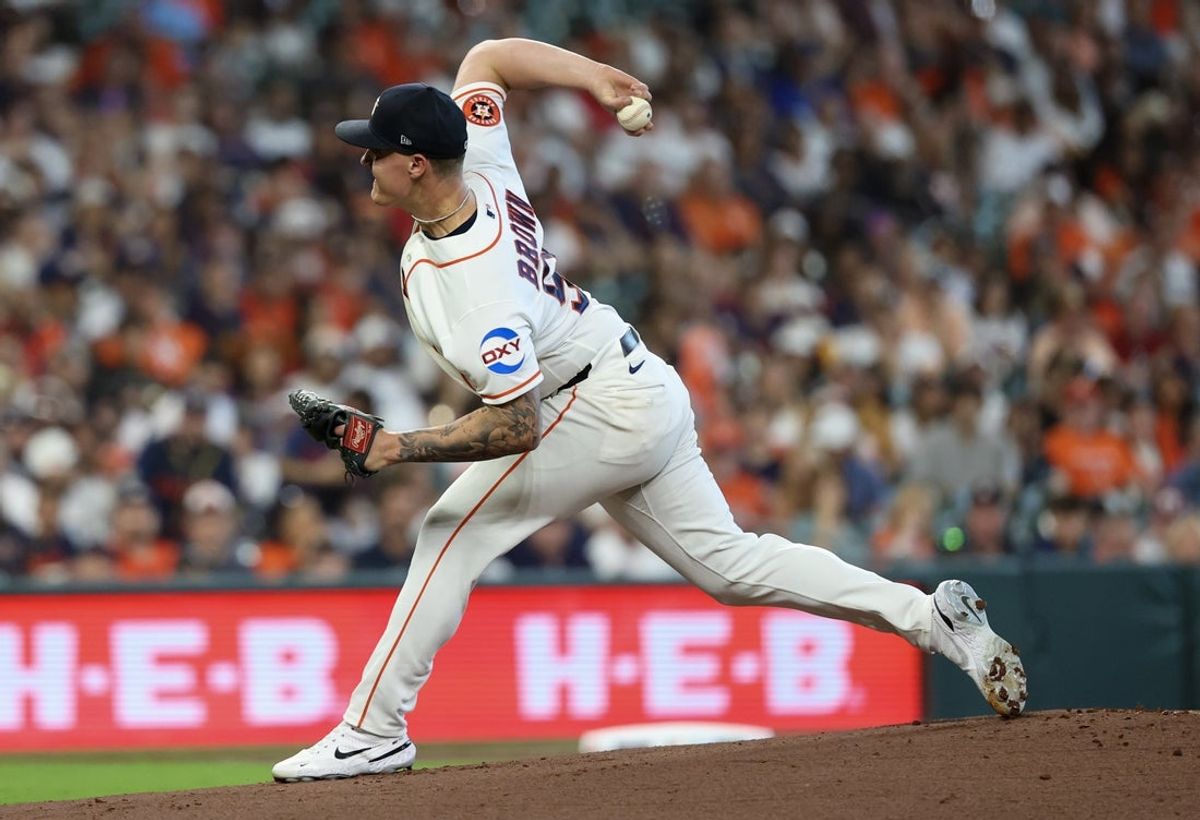 Mar 26, 2026; Houston, Texas, USA; Houston Astros starting pitcher Hunter Brown (58) pitches against the Los Angeles Angels in the first inning at Daikin Park. Mandatory Credit: Thomas Shea-Imagn Images
