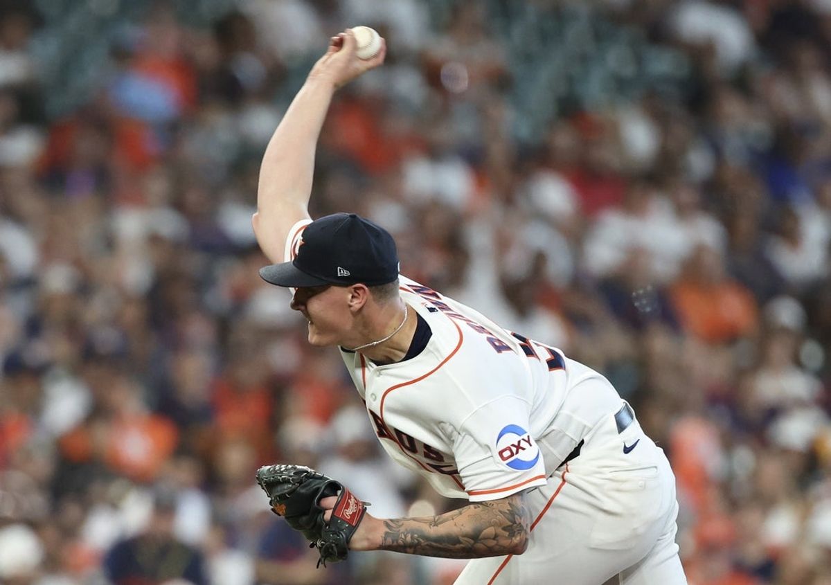 Mar 26, 2026; Houston, Texas, USA; Houston Astros starting pitcher Hunter Brown (58) pitches against the Los Angeles Angels in the first inning at Daikin Park. Mandatory Credit: Thomas Shea-Imagn Images