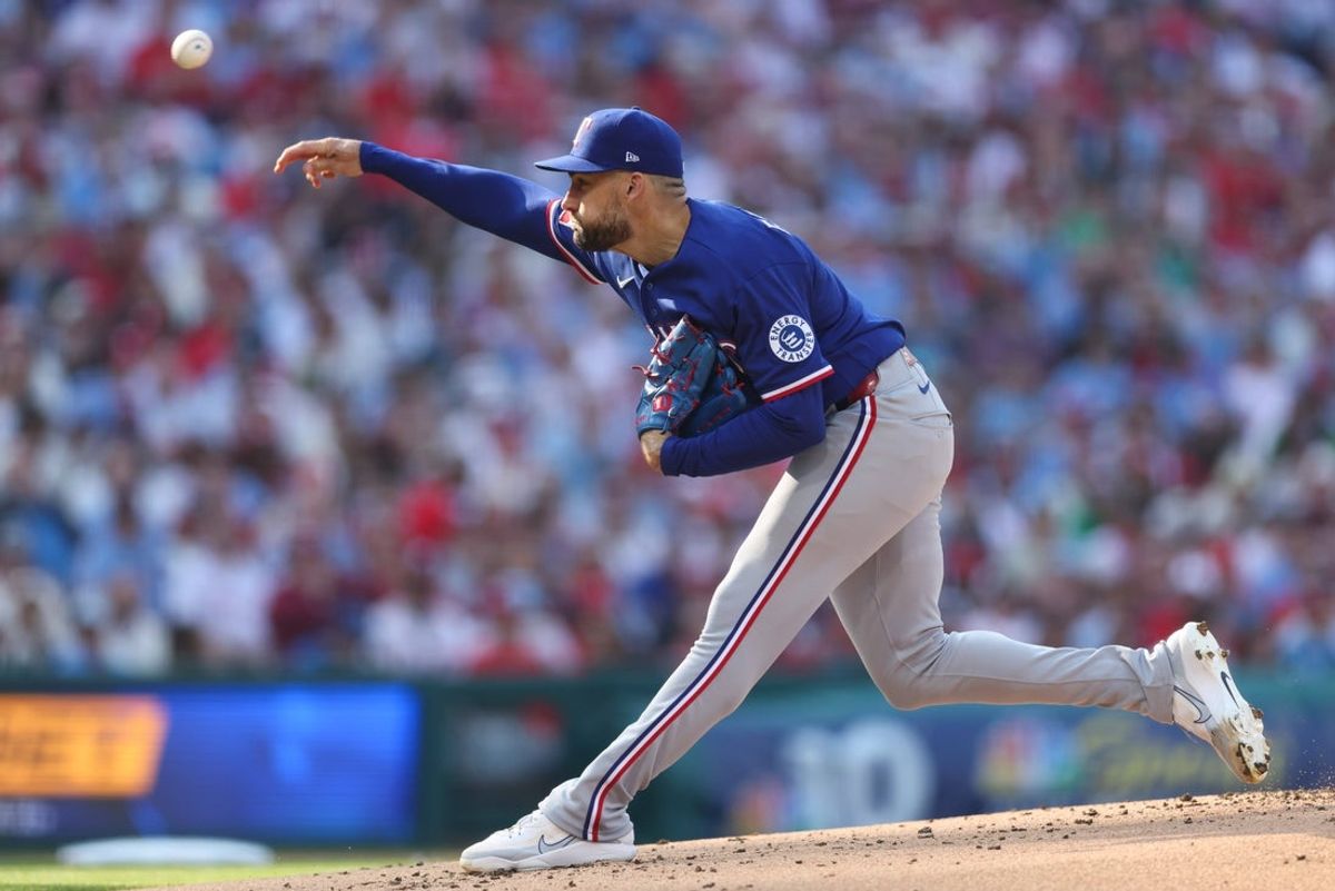 Mar 26, 2026; Philadelphia, Pennsylvania, USA; Texas Rangers pitcher Nathan Eovaldi (17) throws a pitch during the first inning against the Philadelphia Phillies at Citizens Bank Park. Mandatory Credit: Bill Streicher-Imagn Images