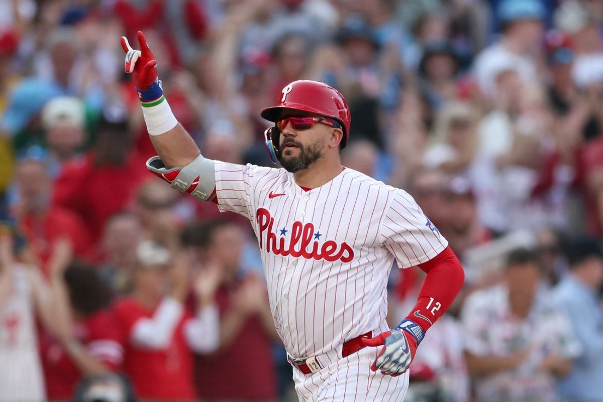 Mar 26, 2026; Philadelphia, Pennsylvania, USA; Philadelphia Phillies left fielder Kyle Schwarber (12) runs the bases after hitting a two RBI home run during the first inning against the Texas Rangers at Citizens Bank Park. Mandatory Credit: Bill Streicher-Imagn Images