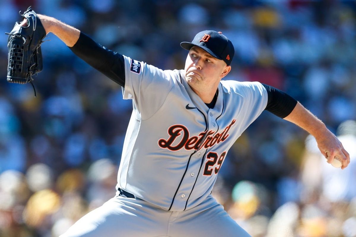 Mar 26, 2026; San Diego, California, USA; Detroit Tigers starting pitcher Tarik Skubal (29) throws a pitch during the sixth inning against the San Diego Padres at Petco Park. Mandatory Credit: David Frerker-Imagn Images