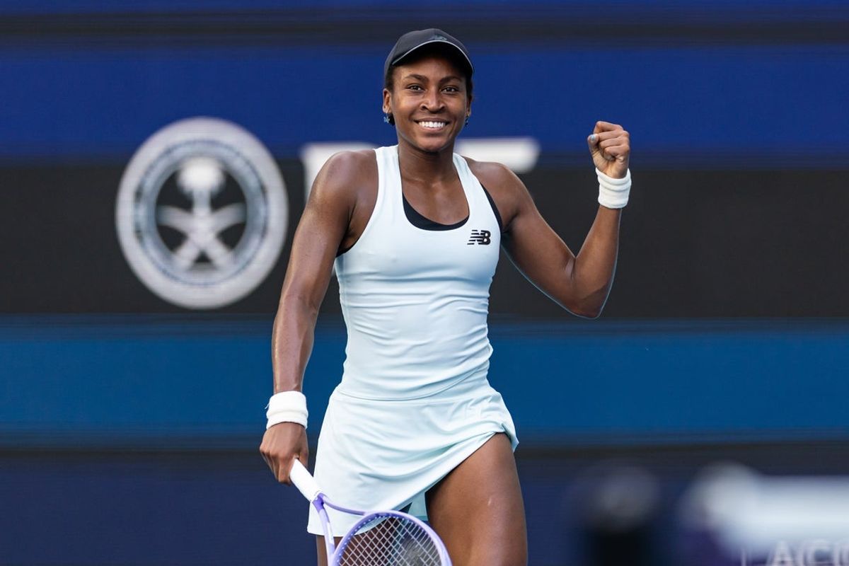 Mar 26, 2026; Miami Gardens, FL, USA; Coco Gauff of the United States reacts after a point against Karolina Muchova of the Czech Republic in the semi-finals of the women’s singles at the Miami Open at the Hard Rock Stadium. Mandatory Credit: Mike Frey-Imagn Images
