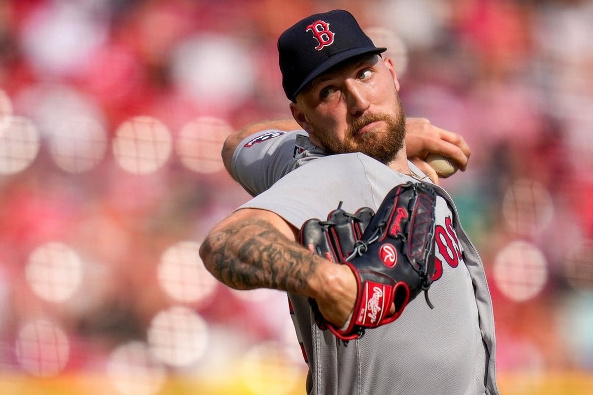 Boston Red Sox pitcher Garrett Crochet (35) throws a pitch in the second inning of the MLB Opening Day game between the Cincinnati Reds and the Boston Red Sox at Great American Ball Park in downtown Cincinnati on Thursday, March 26, 2026. The game was tied at 0 after four innings.