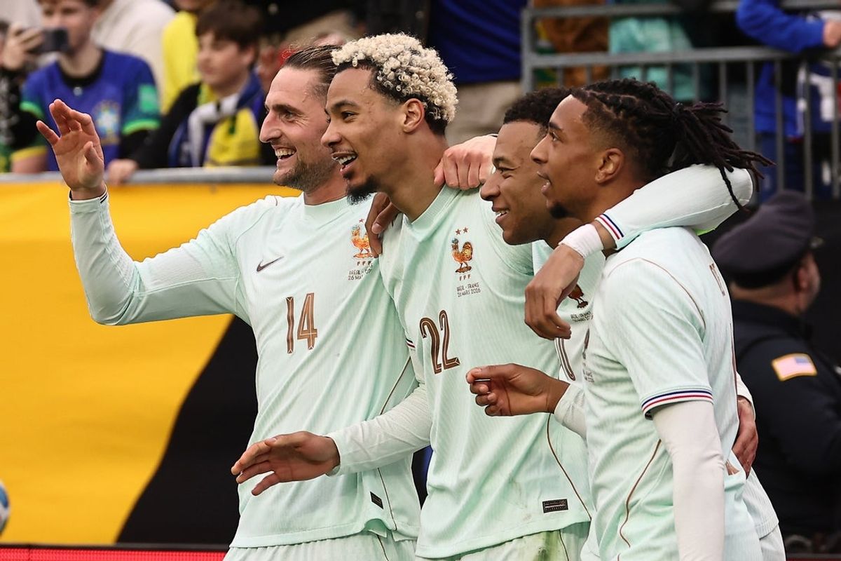 Mar 26, 2026; Foxborough, Massachusetts, USA; France forward Hugo Ekitike (22) celebrates his goal against Brazil with midfielder Adrien Rabiot (14), forward Kylian Mbappe (10) and forward Michael Olise (11) (right) during the second half at Gillette Stadium. Mandatory Credit: Winslow Townson-Imagn Images