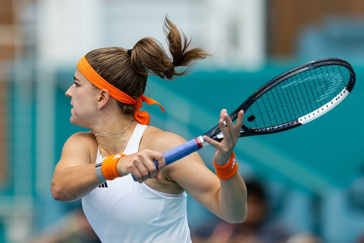 Mar 26, 2026; Miami Gardens, FL, USA; Karolina Muchova of the Czech Republic hits a shot against Coco Gauff of the United States in the semi-finals of the women’s singles at the Miami Open at the Hard Rock Stadium. Mandatory Credit: Mike Frey-Imagn Images