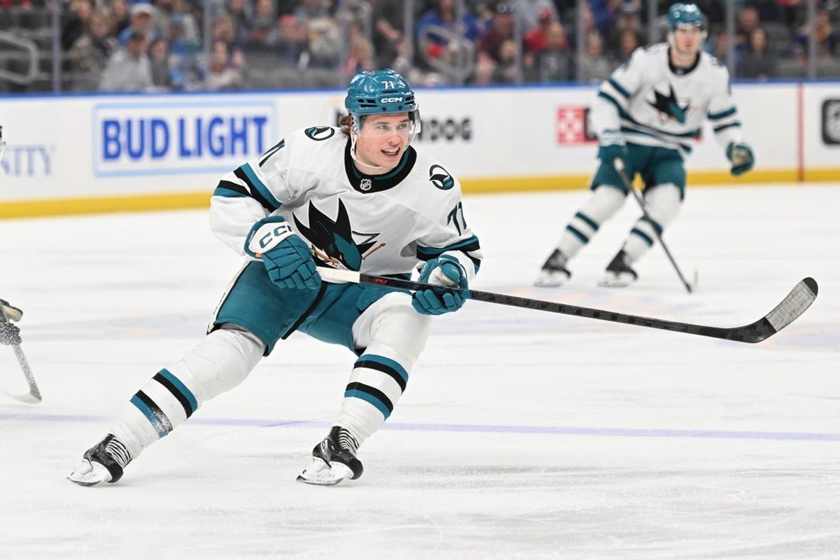 Mar 26, 2026; St. Louis, Missouri, USA; San Jose Sharks center Macklin Celebrini (71) skates against the St. Louis Blues in the first period at Enterprise Center. Mandatory Credit: Joe Puetz-Imagn Images