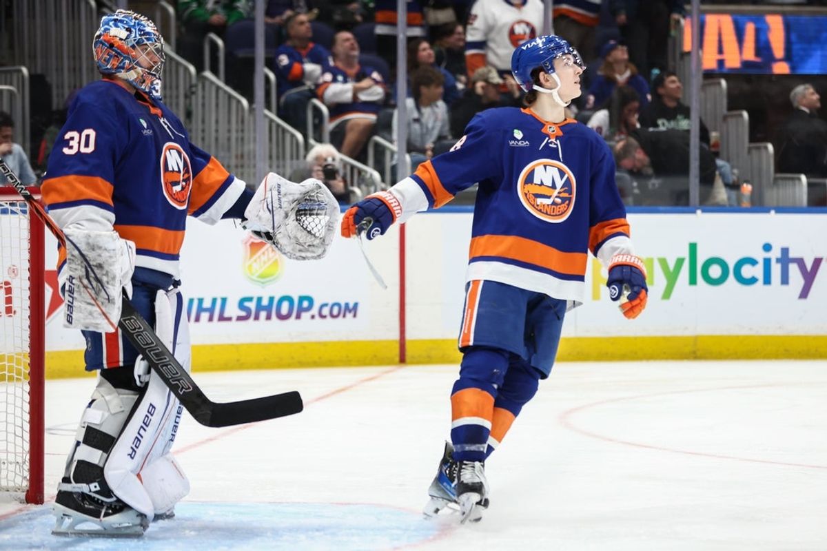 Mar 26, 2026; Elmont, New York, USA;  New York Islanders goaltender Ilya Sorokin (30) congratulates defenseman Matthew Schaefer (48) after recording an assist in the third period against the Dallas Stars at UBS Arena. Mandatory Credit: Wendell Cruz-Imagn Images