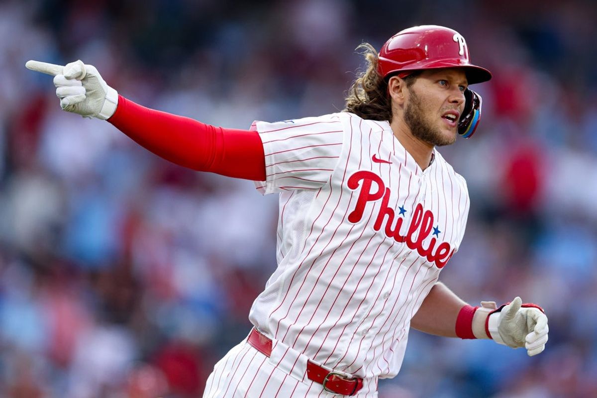 Mar 26, 2026; Philadelphia, Pennsylvania, USA; Philadelphia Phillies third baseman Alec Bohm (28) reacts after hitting a three RBI home run against the Texas Rangers during the fifth inning at Citizens Bank Park. Mandatory Credit: Bill Streicher-Imagn Images