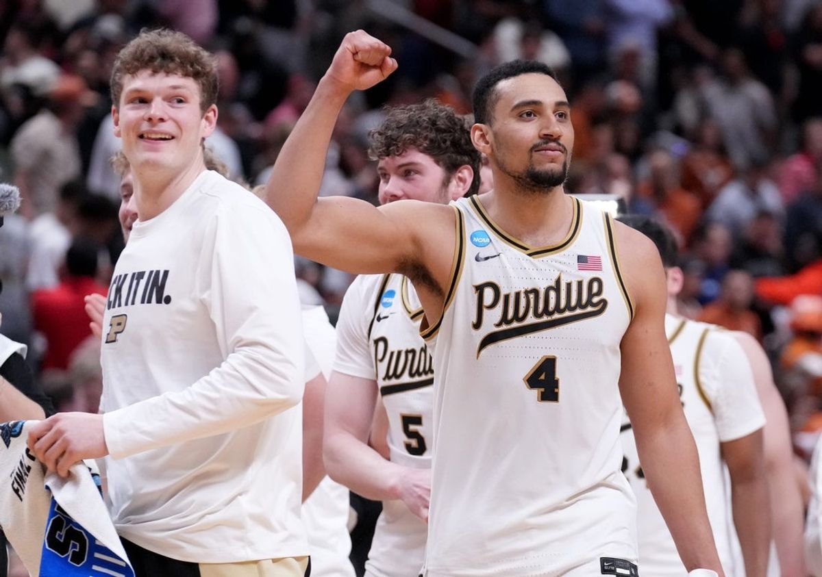 Purdue Boilermakers forward Trey Kaufman-Renn (4) celebrates the team’s 79-77 win Thursday, March 26, 2026, after a Sweet 16 game against the Texas Longhorns at SAP Center in San Jose, Calif.