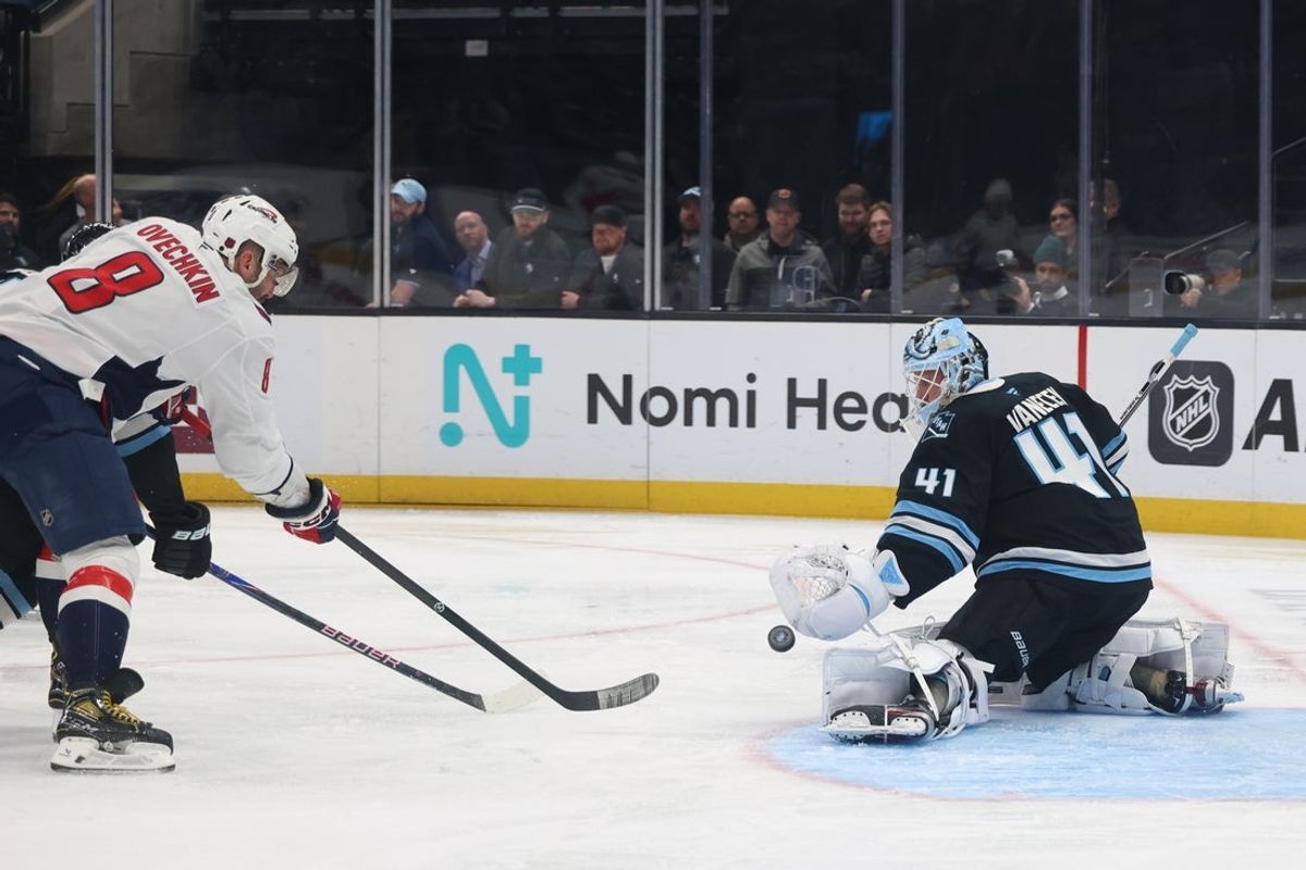 Mar 26, 2026; Salt Lake City, Utah, USA; Washington Capitals left wing Alex Ovechkin (8) scores a goal against Utah Mammoth goaltender Vitek Vanecek (41) during the second period at Delta Center. Mandatory Credit: Rob Gray-Imagn Images