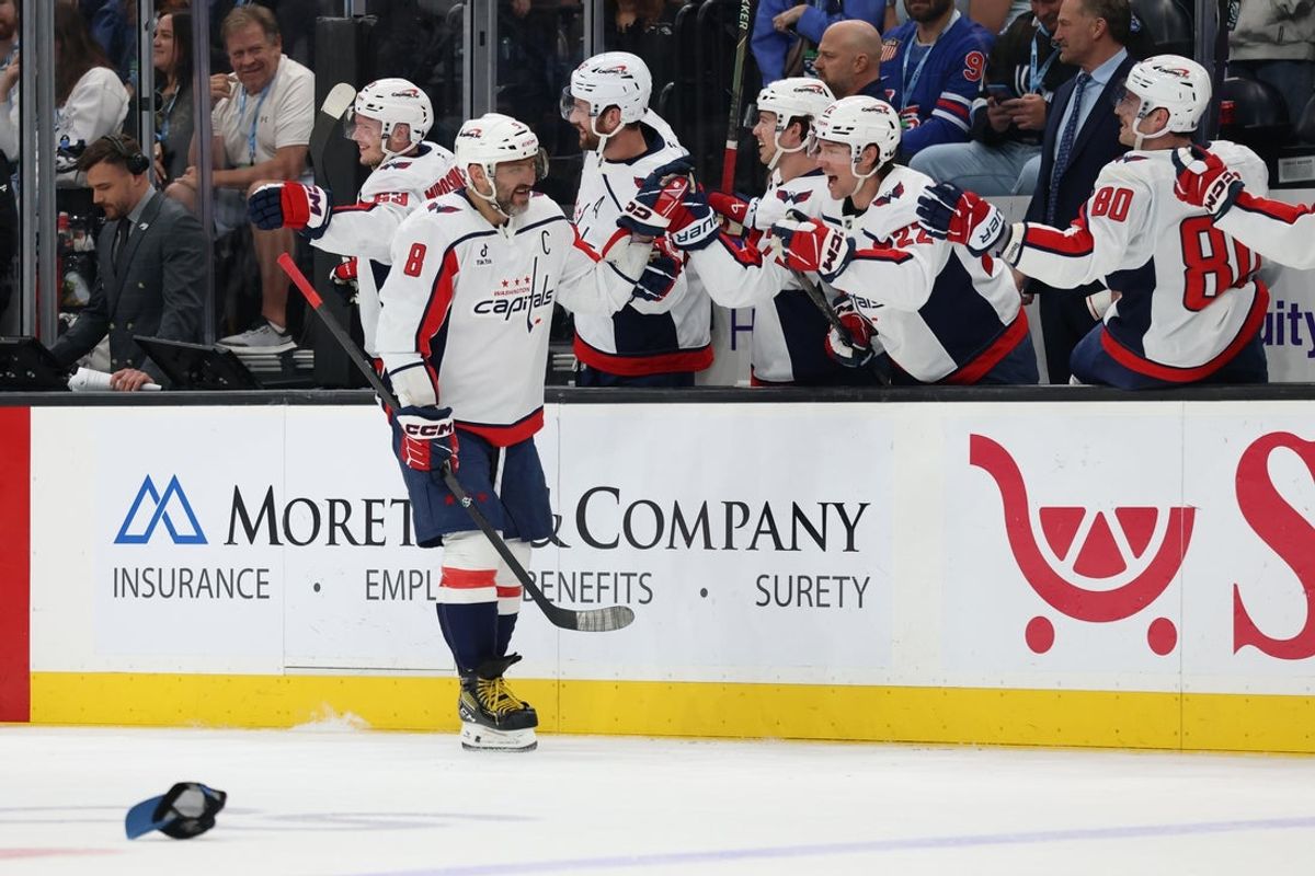 Mar 26, 2026; Salt Lake City, Utah, USA; Washington Capitals left wing Alex Ovechkin (8) celebrates after a third goal against the Utah Mammoth to complete a hat trick (three goals) during the third period at Delta Center. Mandatory Credit: Rob Gray-Imagn Images