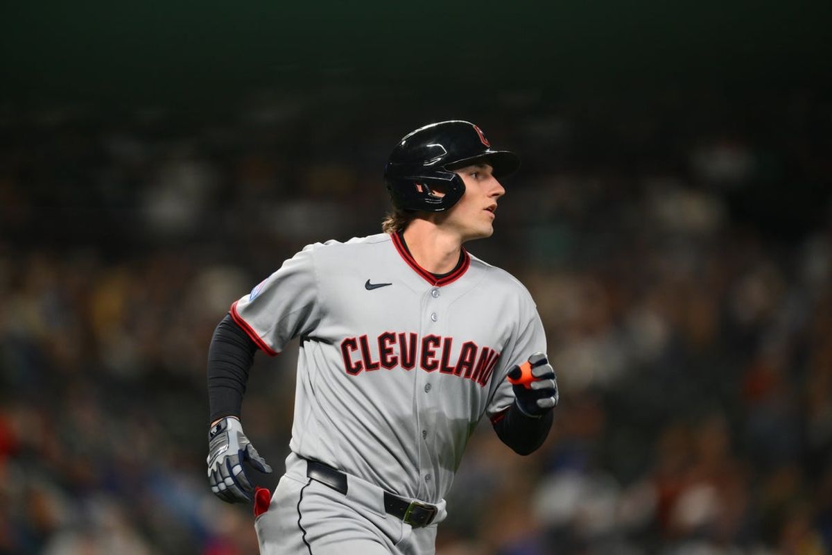 Mar 26, 2026; Seattle, Washington, USA; Cleveland Guardians right fielder Chase DeLauter (24) runs the bases after hitting a home run against the Seattle Mariners during the ninth inning at T-Mobile Park. Mandatory Credit: Steven Bisig-Imagn Images