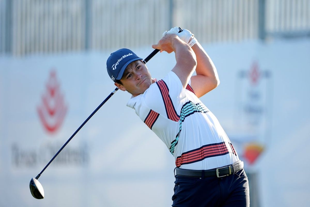 Mar 27, 2026; Houston, Texas, USA; Karl Vilips of Australia hits a tee shot on the first hole during the second round of the Texas Children's Houston Open golf tournament. Mandatory Credit: Erik Williams-Imagn Images