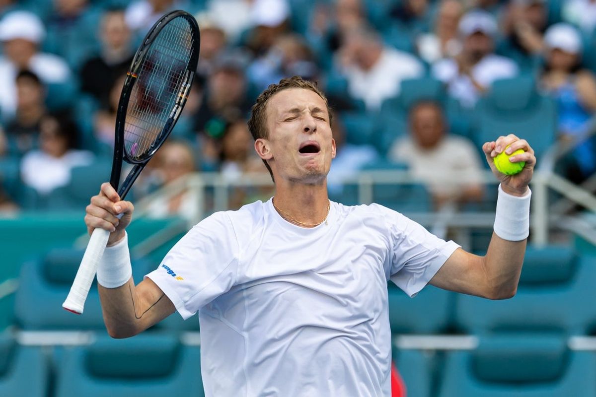 Mar 27, 2026; Miami Gardens, FL, USA;  Jiri Lehecka of the Czech Republic celebrates his victory over Arthur Fils of France in the semi-finals of the men’s singles at the Miami Open at the Hard Rock Stadium. Mandatory Credit: Mike Frey-Imagn Images