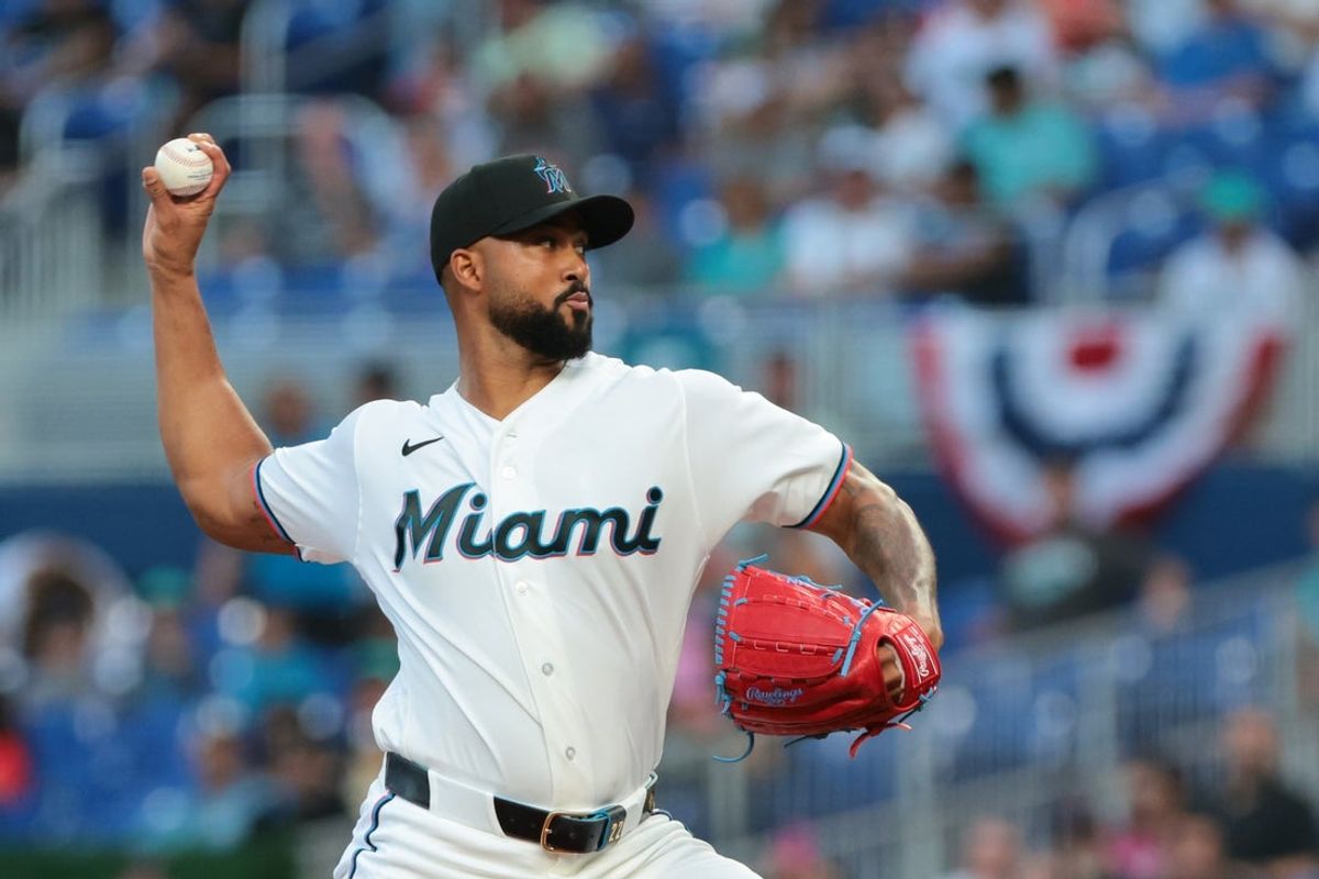 Mar 27, 2026; Miami, Florida, USA; Miami Marlins starting pitcher Sandy Alcantara (22) delivers a pitch against the Colorado Rockies during the first inning at loanDepot Park. Mandatory Credit: Sam Navarro-Imagn Images