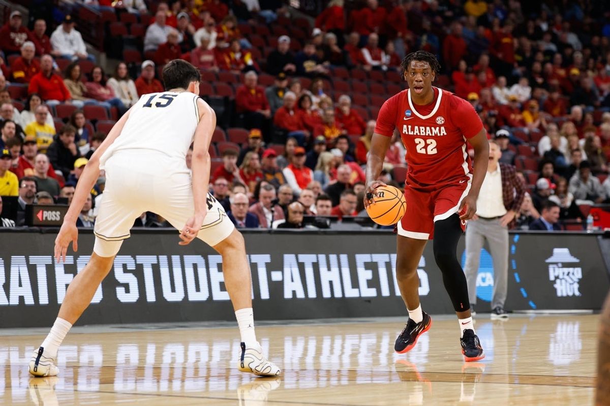 Mar 27, 2026; Chicago, IL, USA;  Alabama Crimson Tide forward Aiden Sherrell (22) looks on in the first half against the Michigan Wolverines during a Sweet Sixteen game of the Midwest Regional of the men's 2026 NCAA Tournament at United Center. Mandatory Credit: Kamil Krzaczynski-Imagn Images