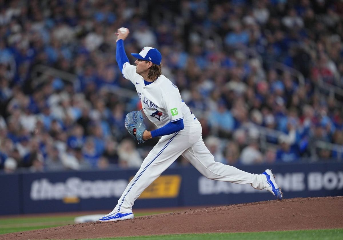 Mar 27, 2026; Toronto, Ontario, CAN; Toronto Blue Jays starting pitcher Kevin Gausman (34) throws a pitch against the Athletics during the second inning at Rogers Centre. Mandatory Credit: Nick Turchiaro-Imagn Images