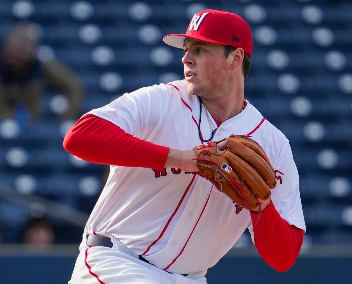 Worcester’s Jake Bennett pitches in the third inning on Opening Day March 27 at Polar Park.