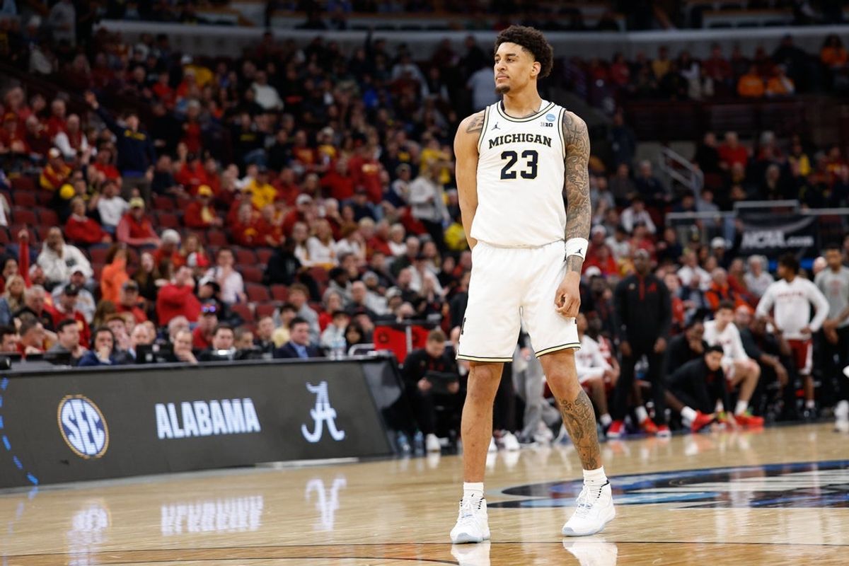 Mar 27, 2026; Chicago, IL, USA; Michigan Wolverines forward Yaxel Lendeborg (23) looks on in the second half against the Alabama Crimson Tide during a Sweet Sixteen game of the Midwest Regional of the men's 2026 NCAA Tournament at United Center. Mandatory Credit: Kamil Krzaczynski-Imagn Images