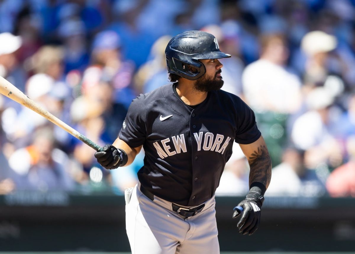 Mar 24, 2026; Mesa, Arizona, USA; New York Yankees outfielder Jasson Dominguez against the Chicago Cubs during spring training at Sloan Park. Mandatory Credit: Mark J. Rebilas-Imagn Images