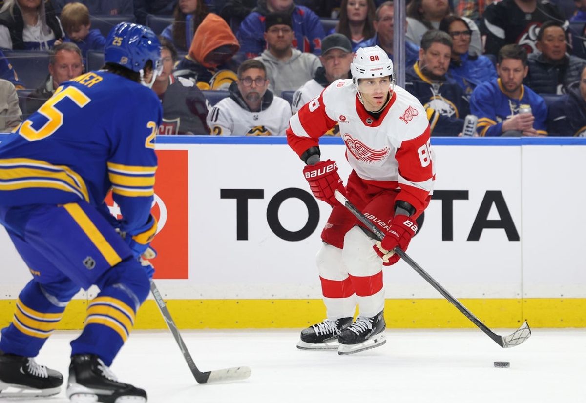 Mar 27, 2026; Buffalo, New York, USA;  Detroit Red Wings right wing Patrick Kane (88) looks to make a pass during the third period against the Buffalo Sabres at KeyBank Center. Mandatory Credit: Timothy T. Ludwig-Imagn Images