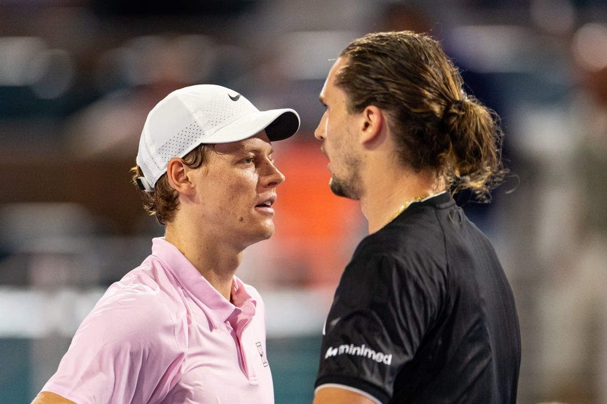 Mar 27, 2026; Miami Gardens, FL, USA;   Jannik Sinner of Italy is congratulated by Alexander Zverev of Germany after his victory in the semi-finals of the men’s singles at the Miami Open at the Hard Rock Stadium. Mandatory Credit: Mike Frey-Imagn Images