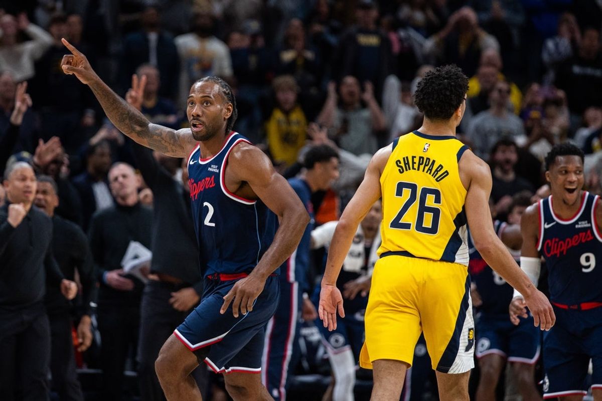 Mar 27, 2026; Indianapolis, Indiana, USA;  LA Clippers forward Kawhi Leonard (2) celebrates the game winning shot in the second half against the Indiana Pacers at Gainbridge Fieldhouse. Mandatory Credit: Trevor Ruszkowski-Imagn Images