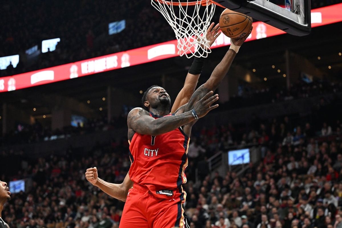 Mar 27, 2026; Toronto, Ontario, CAN;  New Orleans Pelicans forward Zion Williamson (1) scores against the Toronto Raptors in the first half at Scotiabank Arena. Mandatory Credit: Dan Hamilton-Imagn Images