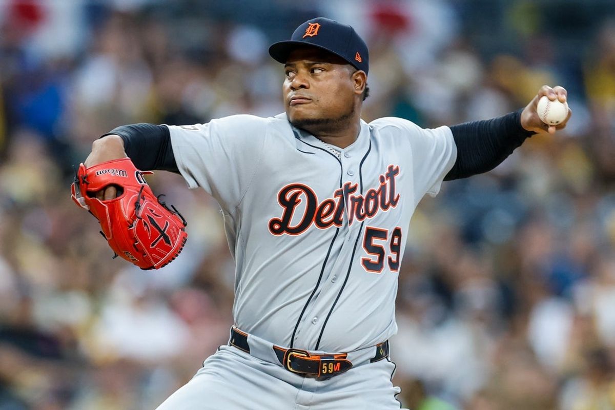 Mar 27, 2026; San Diego, California, USA; Detroit Tigers starting pitcher Framber Valdez (59) throws a pitch during the first inning against the San Diego Padres at Petco Park. Mandatory Credit: David Frerker-Imagn Images