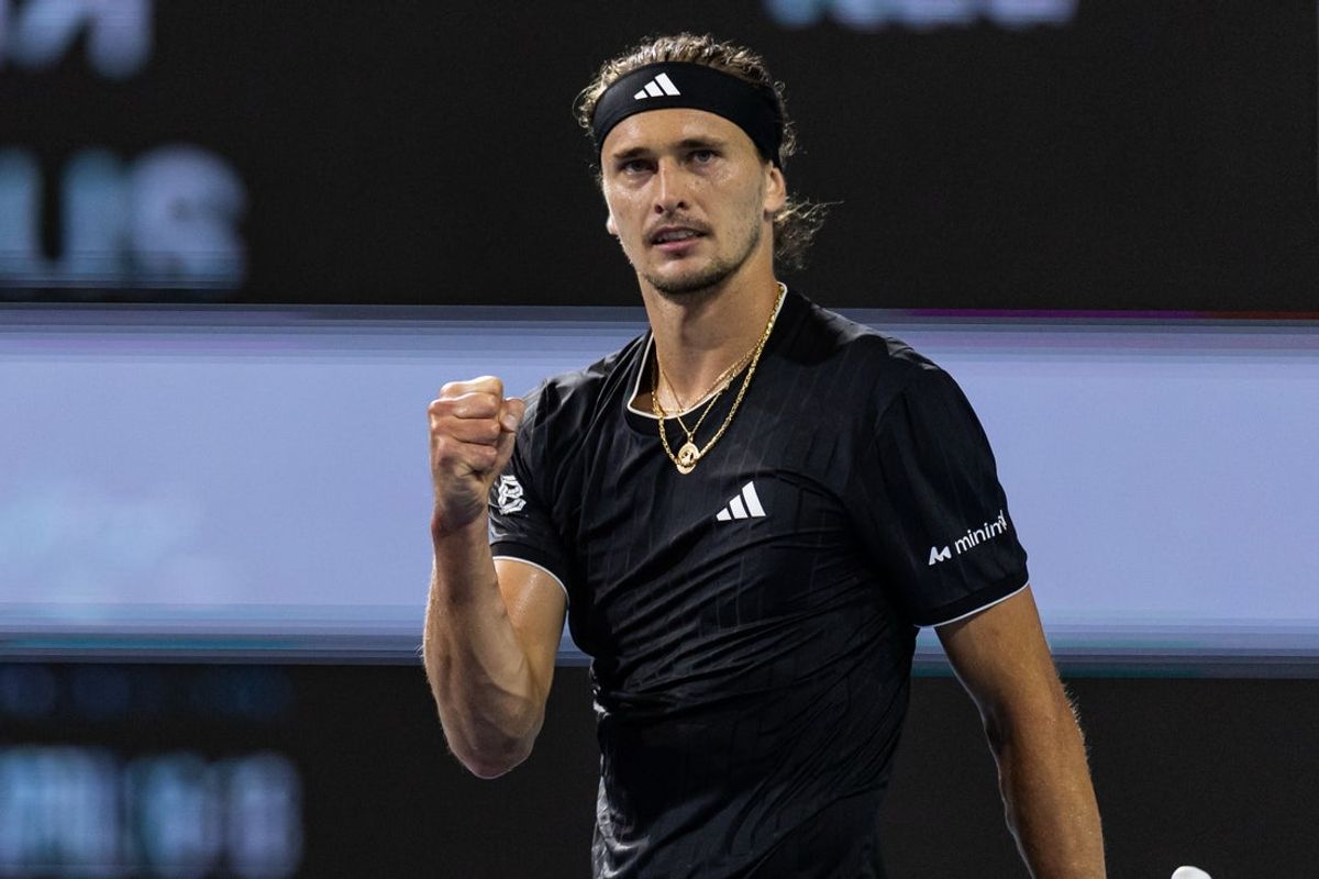 Mar 27, 2026; Miami Gardens, FL, USA;   Alexander Zverev of Germany celebrates during his match against Jannik Sinner of Italy in the semi-finals of the men’s singles at the Miami Open at the Hard Rock Stadium. Mandatory Credit: Mike Frey-Imagn Images