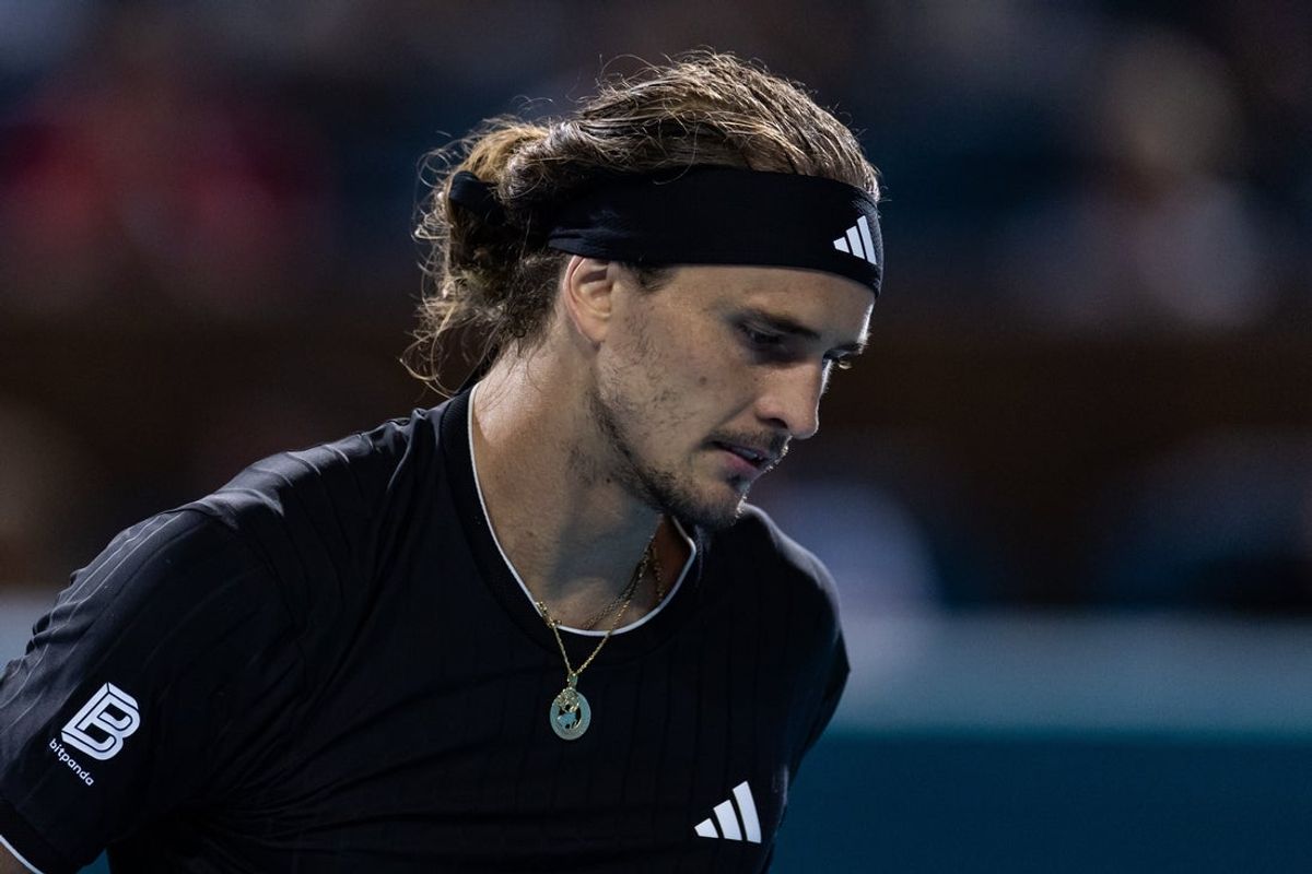 Mar 27, 2026; Miami Gardens, FL, USA;   Alexander Zverev of Germany reacts after missing a shot against against Jannik Sinner of Italy in the semi-finals of the men’s singles at the Miami Open at the Hard Rock Stadium. Mandatory Credit: Mike Frey-Imagn Images