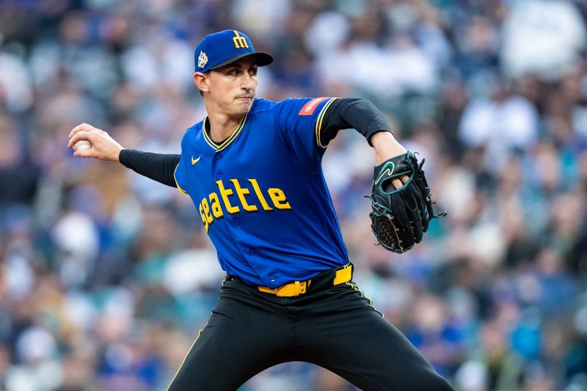 Mar 27, 2026; Seattle, Washington, USA; Seattle Mariners starter George Kirby (68) delivers a pitch during the first inning against the Cleveland Guardians at T-Mobile Park. Mandatory Credit: Stephen Brashear-Imagn Images