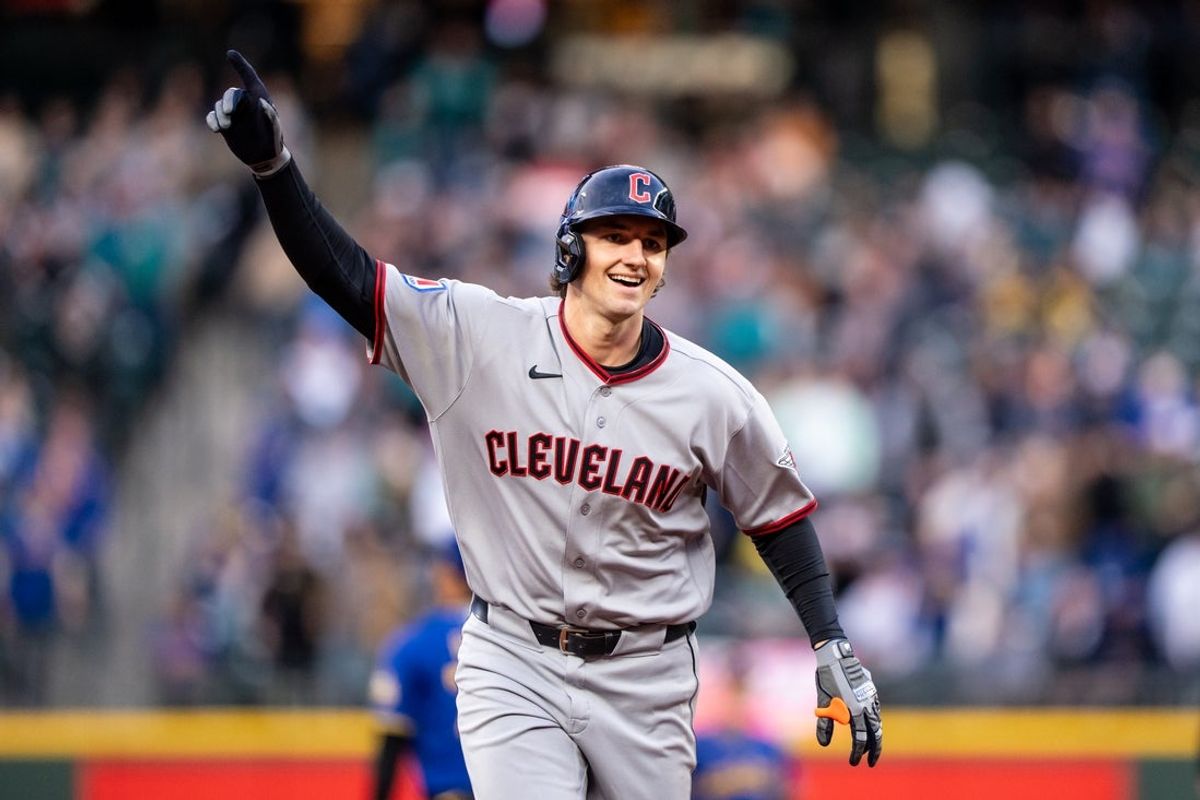 Mar 27, 2026; Seattle, Washington, USA; Cleveland Guardians right fielder Chase DeLauter (24) rounds the bases after hitting a solo home run during the first inning against the Seattle Mariners  at T-Mobile Park. Mandatory Credit: Stephen Brashear-Imagn Images