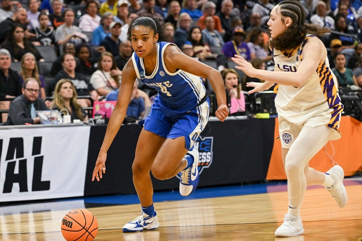 Mar 27, 2026; Sacramento, CA, USA; Duke Blue Devils guard Riley Nelson (4) drives against the Louisiana State Tigers during a Sweet Sixteen game of the Sacramento Regional 2 of the women's 2026 NCAA Tournament at Golden 1 Center. Mandatory Credit: Ed Szczepanski-Imagn Images