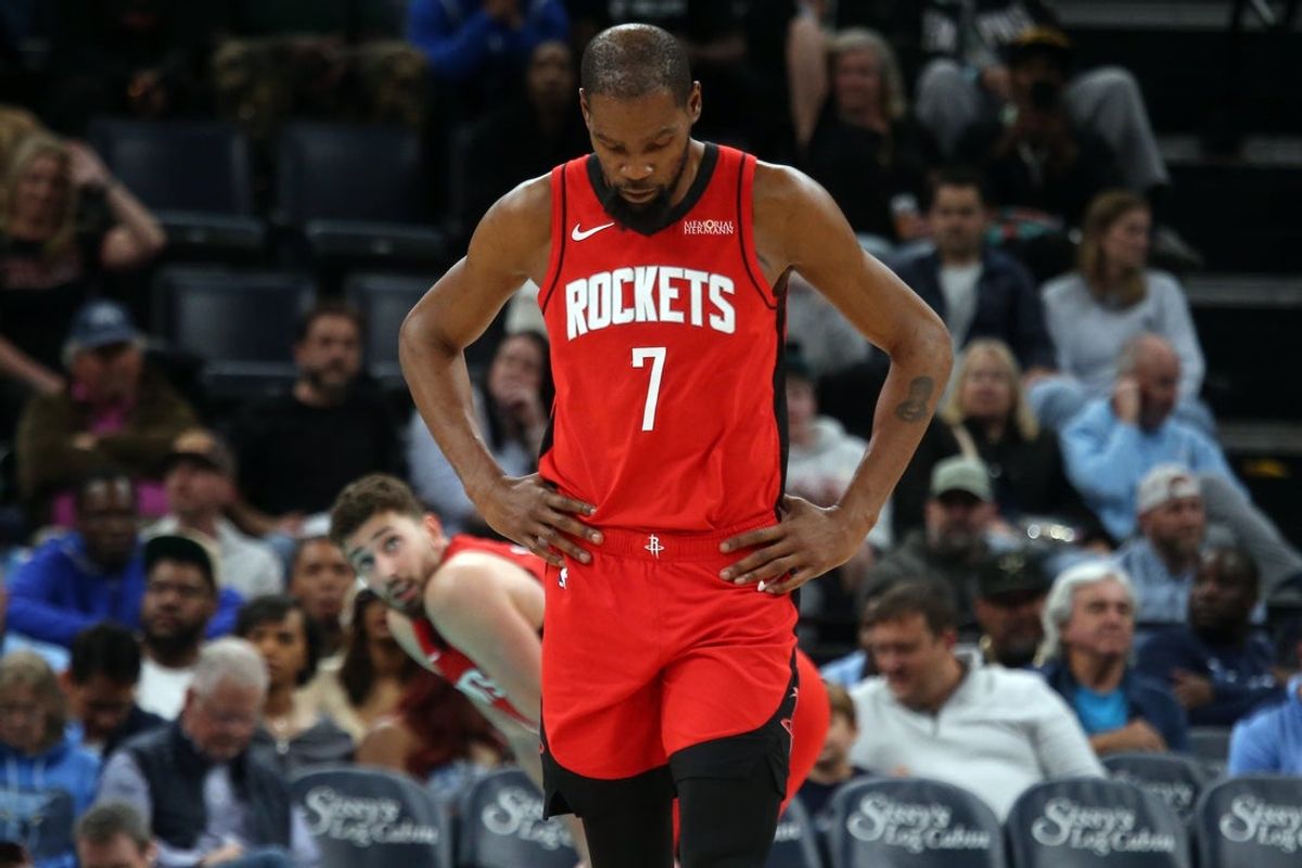 Mar 27, 2026; Memphis, Tennessee, USA; Houston Rockets forward Kevin Durant (7) reacts during the second quarter against the Memphis Grizzlies at FedExForum. Mandatory Credit: Petre Thomas-Imagn Images