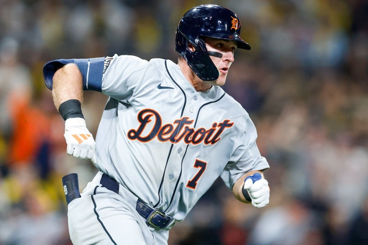 Mar 27, 2026; San Diego, California, USA; Detroit Tigers third baseman Kevin McGonigle (7) hits a two-run single during the eighth inning against the San Diego Padres at Petco Park. Mandatory Credit: David Frerker-Imagn Images