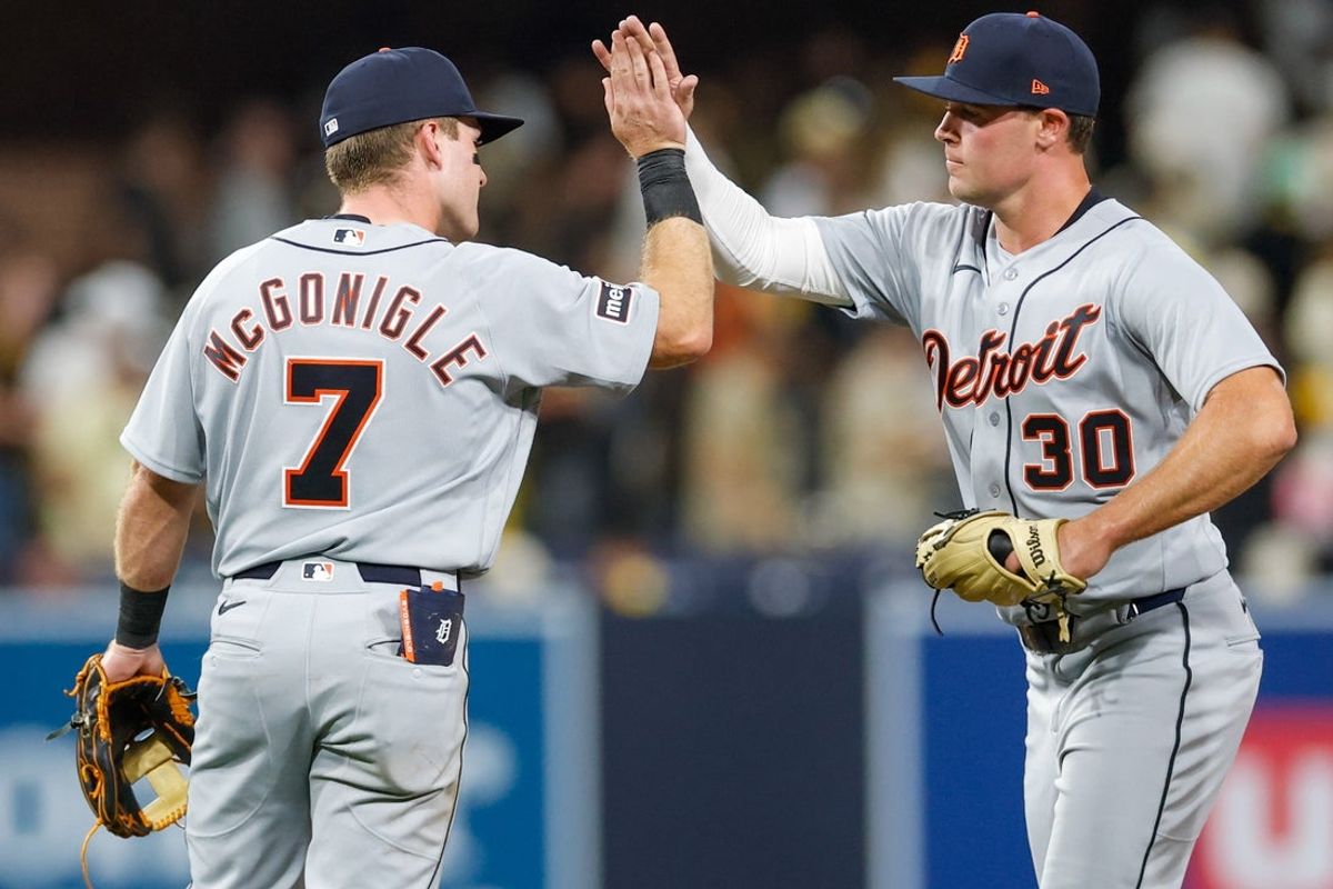 Mar 27, 2026; San Diego, California, USA; Detroit Tigers shortstop Kevin McGonigle (7) celebrates with right fielder Kerry Carpenter (30) after defeating the San Diego Padres at Petco Park. Mandatory Credit: David Frerker-Imagn Images