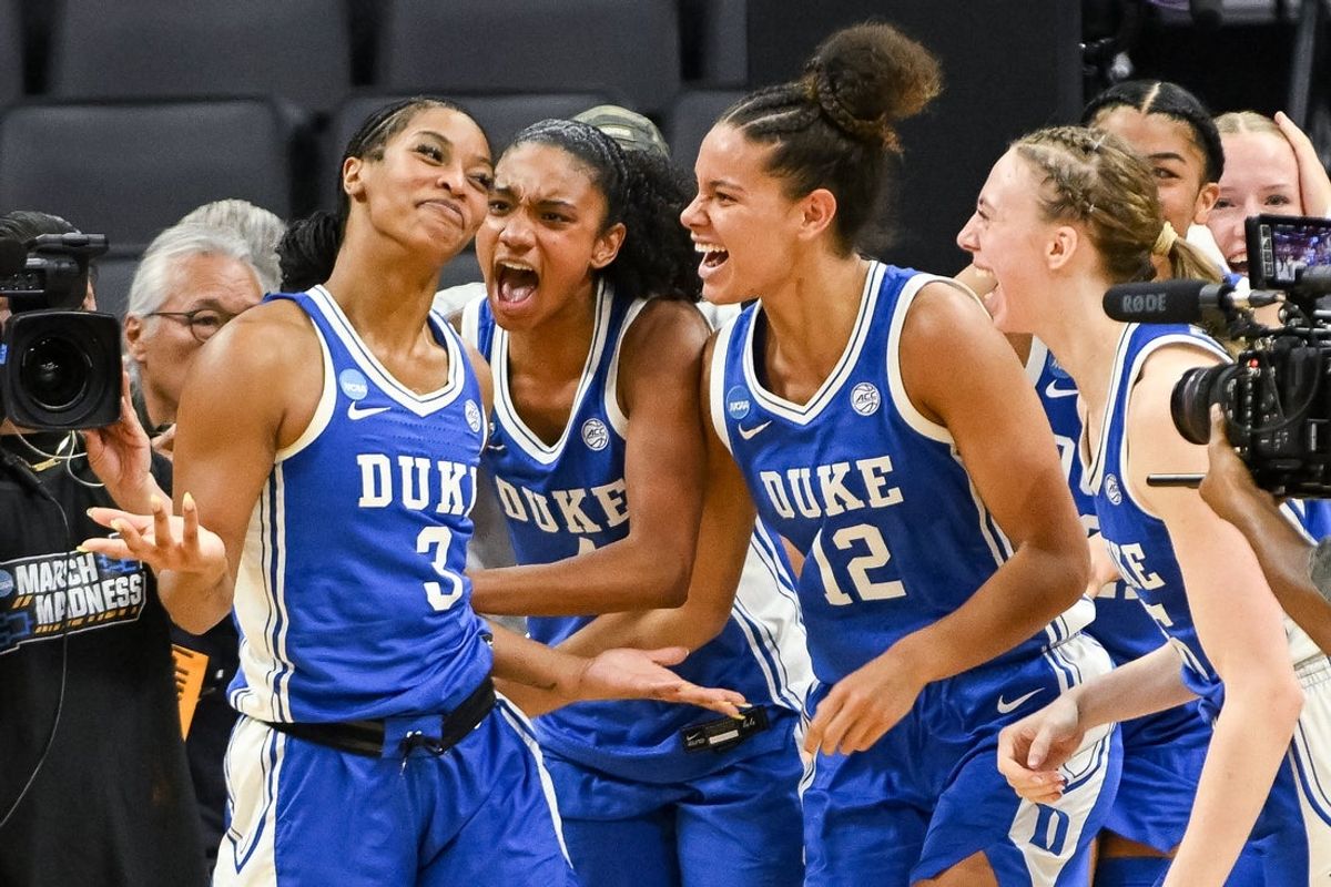 Mar 27, 2026; Sacramento, CA, USA; Duke Blue Devils guard Ashlon Jackson (3) celebrates with forward Delaney Thomas (12) and forward Toby Fournier (35) after making a game-winning shot against the Louisiana State Tigers during a Sweet Sixteen game of the Sacramento Regional 2 of the women's 2026 NCAA Tournament at Golden 1 Center. Mandatory Credit: Ed Szczepanski-Imagn Images