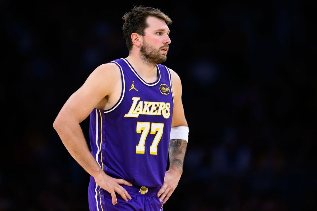 Mar 27, 2026; Los Angeles, California, USA; Los Angeles Lakers guard Luka Doncic (77) during the second half against the Brooklyn Nets at Crypto.com Arena. Mandatory Credit: William Liang-Imagn Images