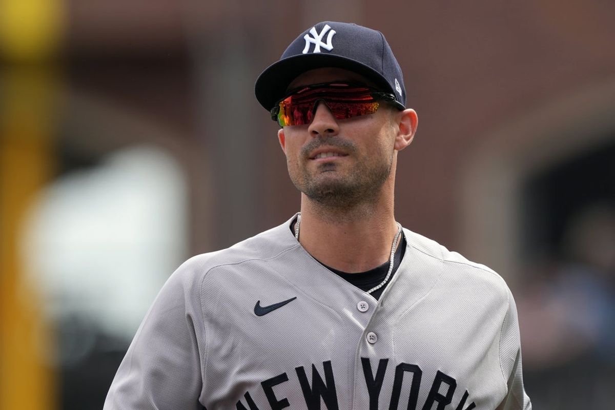 Mar 27, 2026; San Francisco, California, USA; New York Yankees left fielder Randal Grichuk (34) before the game against the San Francisco Giants at Oracle Park. Mandatory Credit: Darren Yamashita-Imagn Images