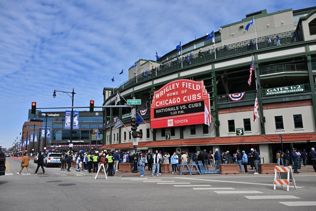 Mar 28, 2026; Chicago, Illinois, USA; A general view of the marquee prior to a game between the Washington Nationals and the Chicago Cubs at Wrigley Field. Mandatory Credit: Patrick Gorski-Imagn Images