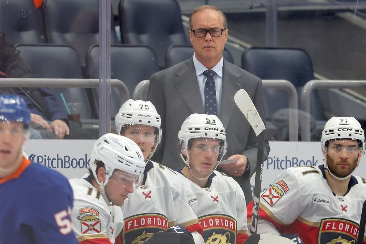 Mar 28, 2026; Elmont, New York, USA; Florida Panthers head coach Paul Maurice coaches against the New York Islanders during the first period at UBS Arena. Mandatory Credit: Brad Penner-Imagn Images