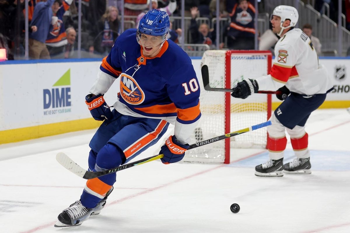 Mar 28, 2026; Elmont, New York, USA; New York Islanders center Brayden Schenn (10) celebrates his goal against the Florida Panthers during the second period at UBS Arena. Mandatory Credit: Brad Penner-Imagn Images