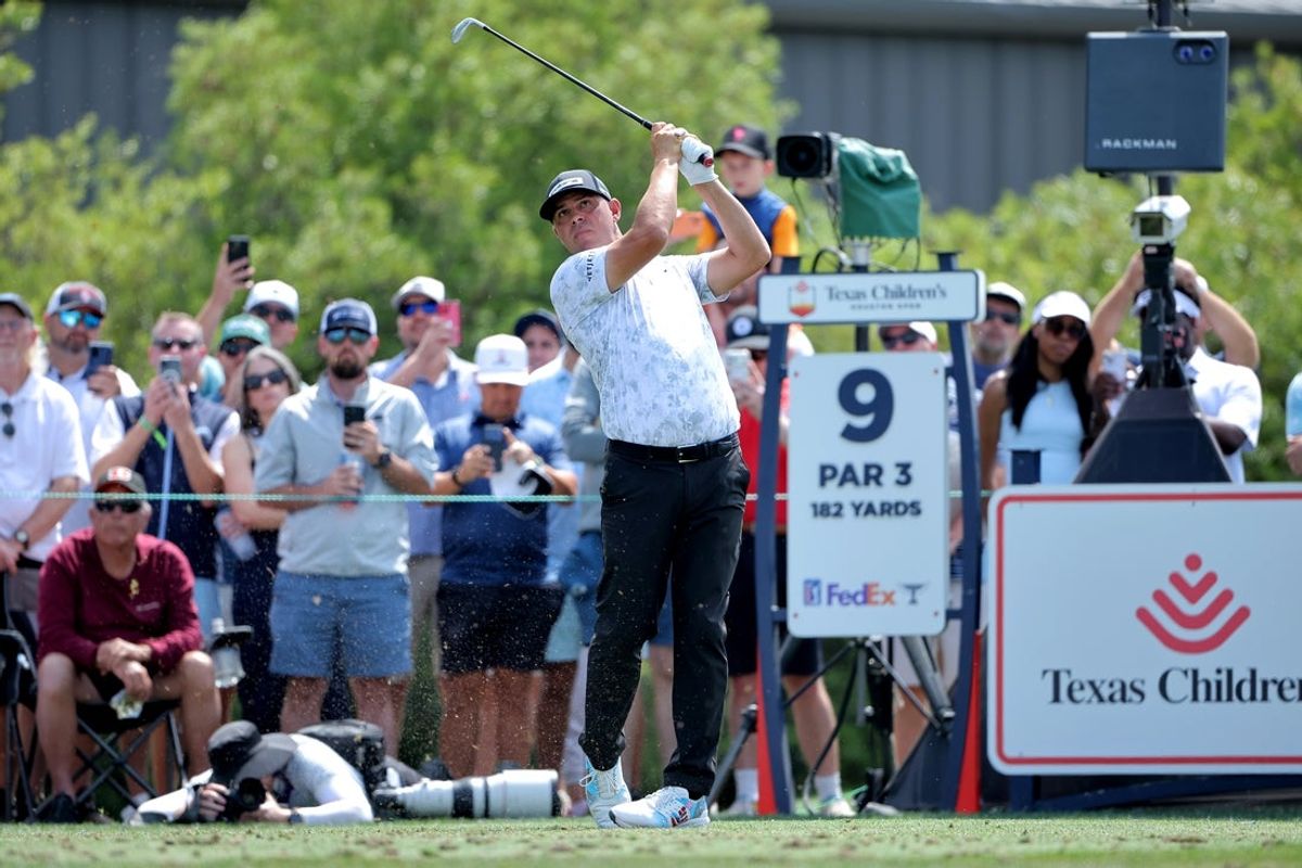 Mar 28, 2026; Houston, Texas, USA; Gary Woodland hits a tee shot on the ninth hole during the third round of the Texas Children's Houston Open golf tournament. Mandatory Credit: Erik Williams-Imagn Images