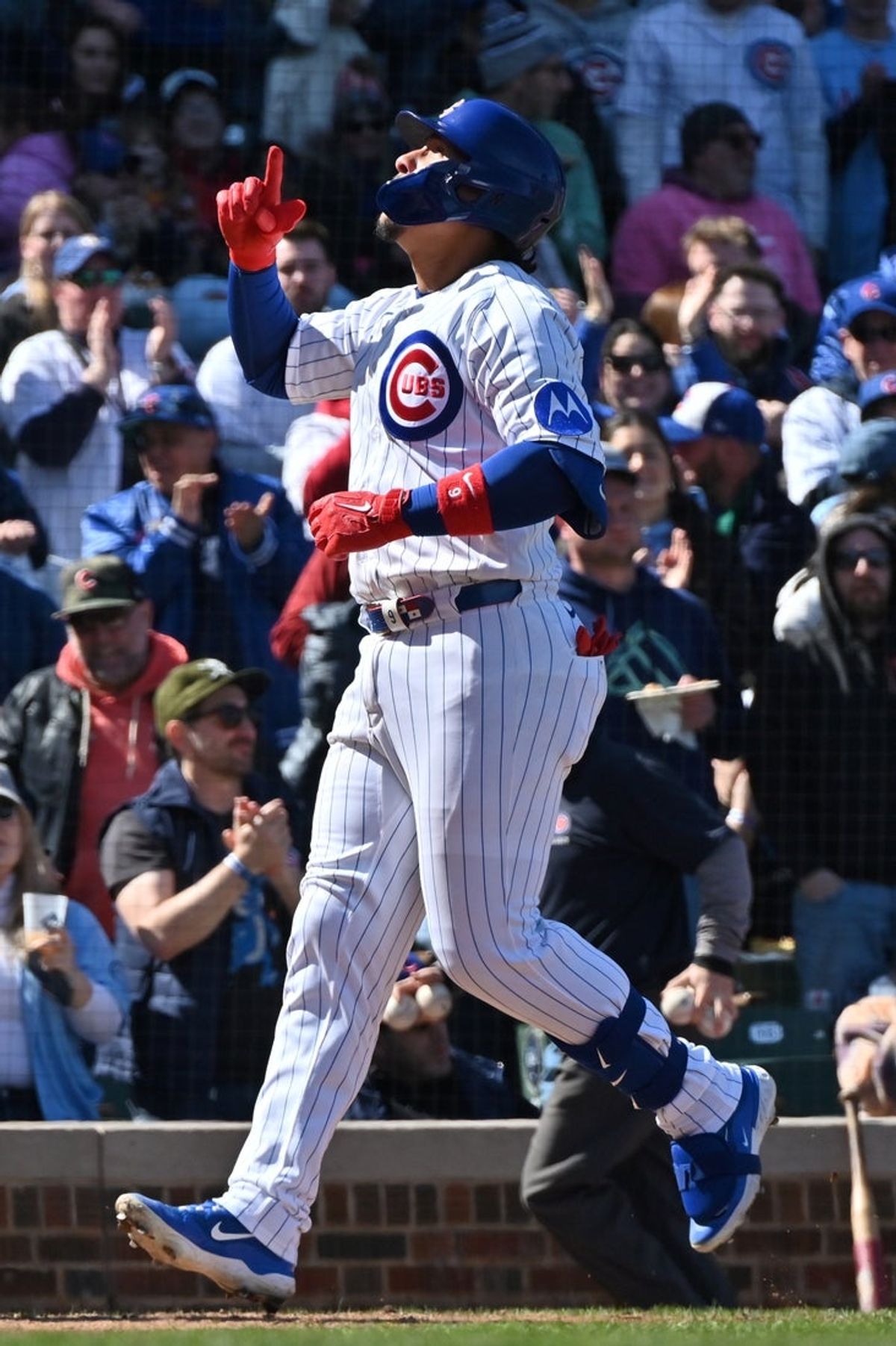 Mar 28, 2026; Chicago, Illinois, USA; Chicago Cubs catcher Miguel Amaya (9) celebrates his home run against the Washington Nationals during the fourth inning at Wrigley Field. Mandatory Credit: Patrick Gorski-Imagn Images