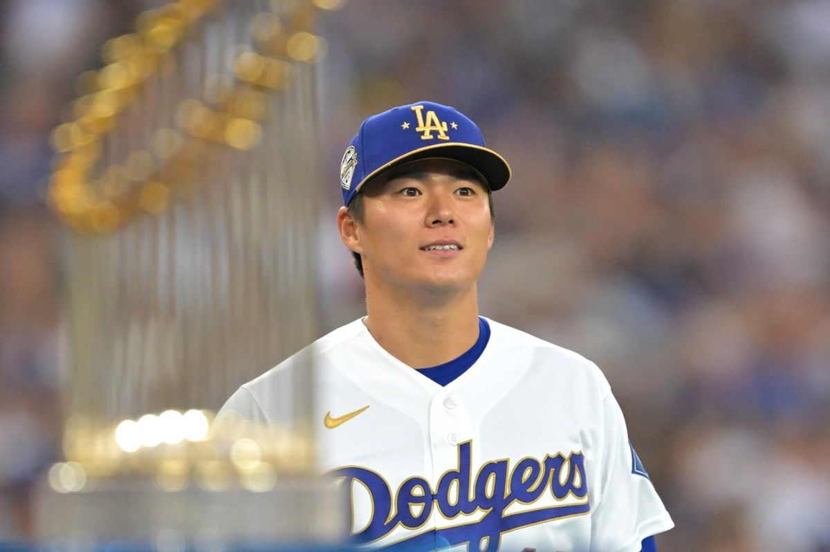 Mar 27, 2026; Los Angeles, California, USA; Los Angeles Dodgers pitcher Yoshinobu Yamamoto (18) is introduced to receive his World Series ring during a ceremony prior to the game against the Arizona Diamondbacks at Dodger Stadium. Mandatory Credit: Jayne Kamin-Oncea-Imagn Images