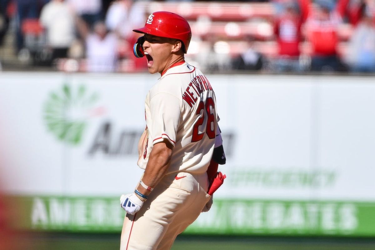 Mar 28, 2026; St. Louis, Missouri, USA; St. Louis Cardinals shortstop JJ Wetherholt (26) reacts after hitting a walk-off two run single against the Tampa Bay Rays during the tenth inning at Busch Stadium. Mandatory Credit: Jeff Curry-Imagn Images