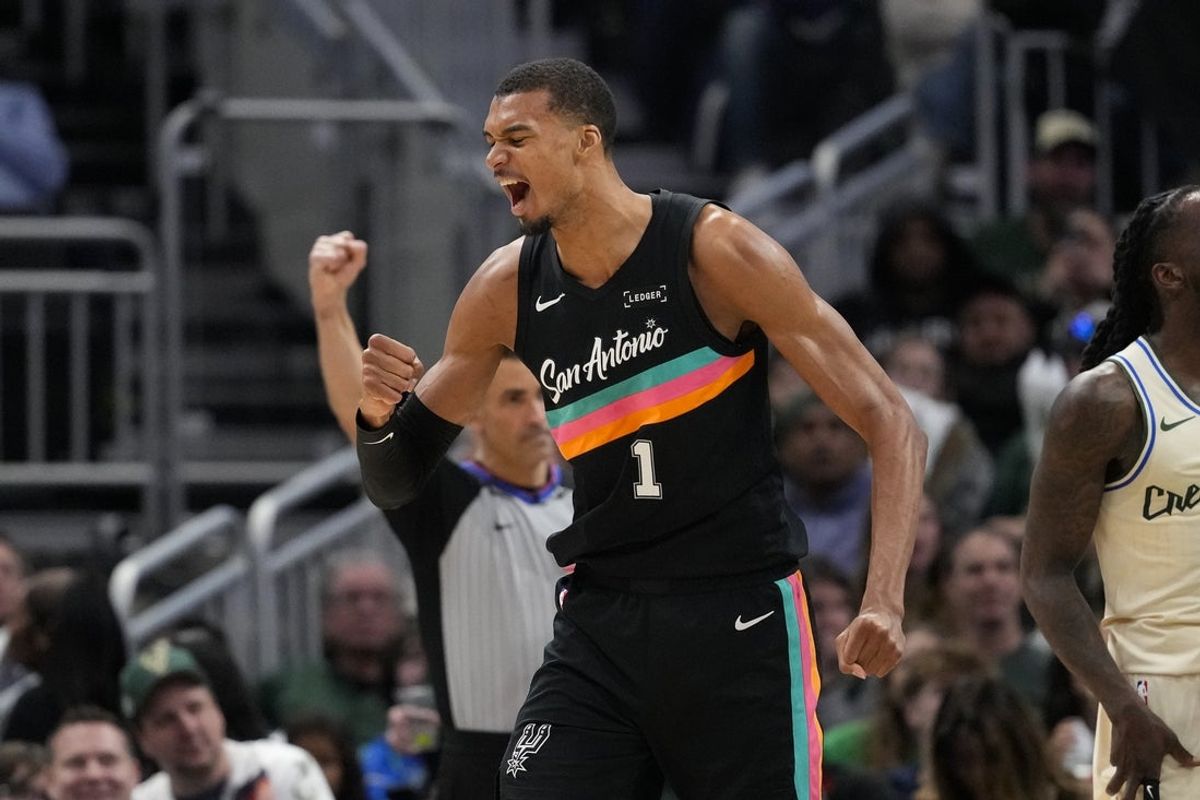 Mar 28, 2026; Milwaukee, Wisconsin, USA;  San Antonio Spurs forward Victor Wembanyama (1) celebrates after scoring a basket during the fourth quarter against the Milwaukee Bucks at Fiserv Forum. Mandatory Credit: Jeff Hanisch-Imagn Images